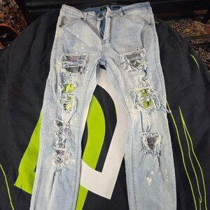 Waimea Skinny Fit Size 34 Jeans shredded grey/yellow rhinestone